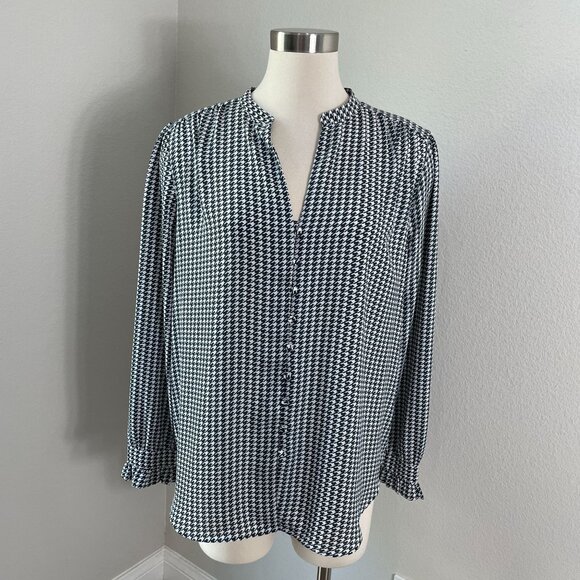 Ann Taylor Womens Large Green Houndstooth Button Up Blouse Long Sleeve Shirt - Picture 1 of 9